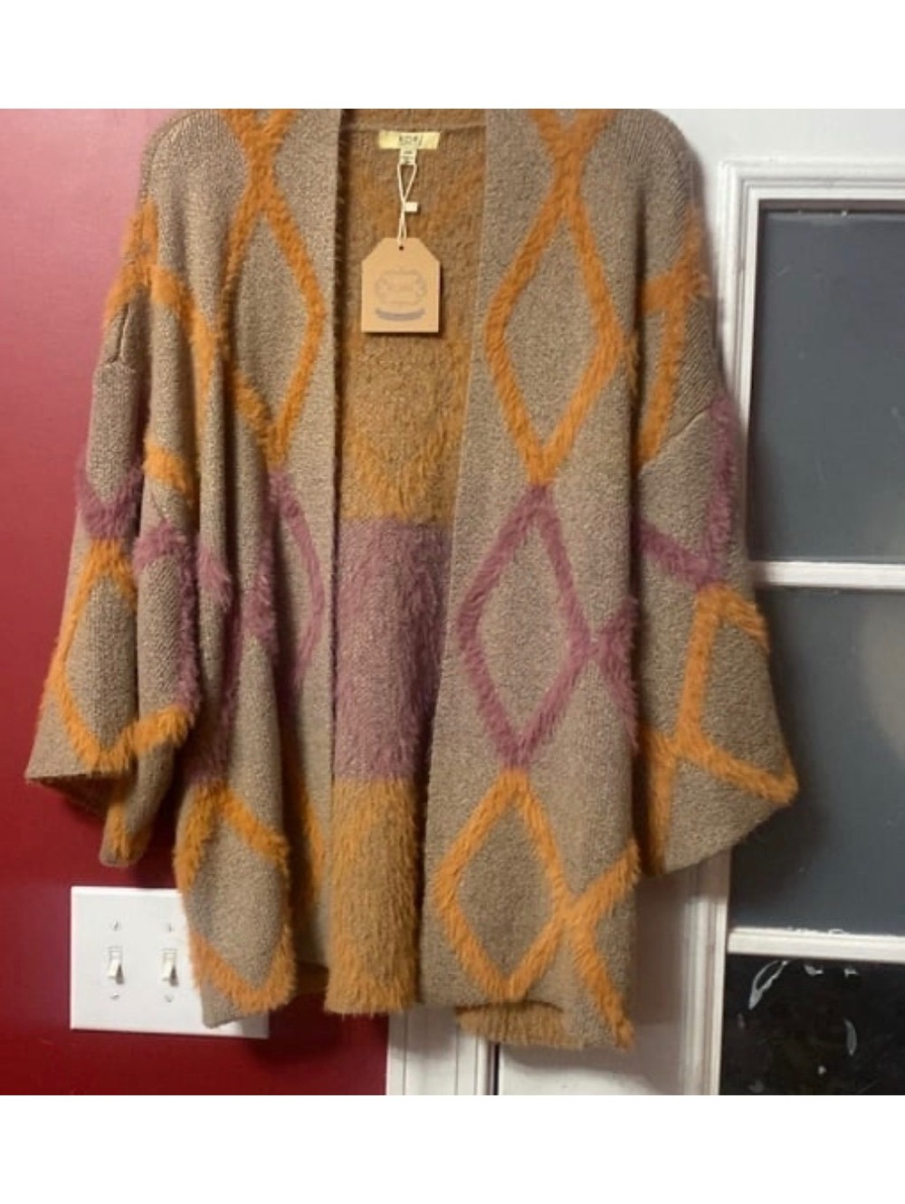 Fuzzy argyle open cardigan